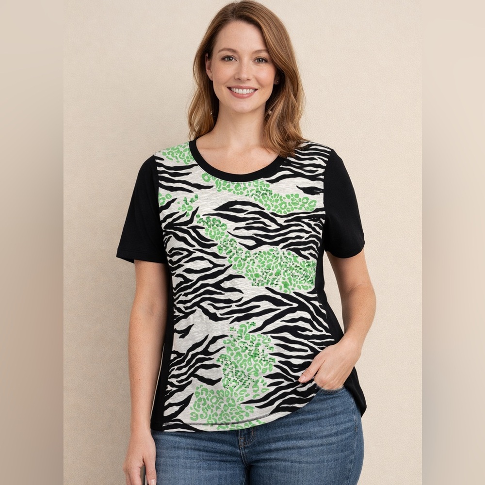 Zenergy Chico's Women Black Green‎ Animal Print Short Sleeve TShirt Size 3 XL